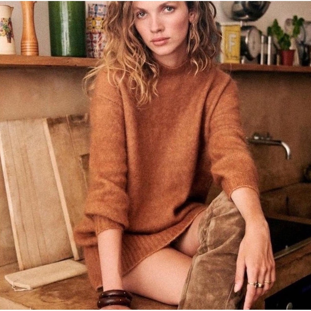 Sezane Mohair Wool Blend Camel Brown Sweater Dress Women XS Puff Sleeve Knit